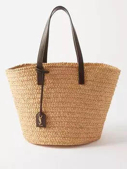 Сумка-корзина из рафии panier ysl с кожаной отделкой Saint Laurent, бежевый