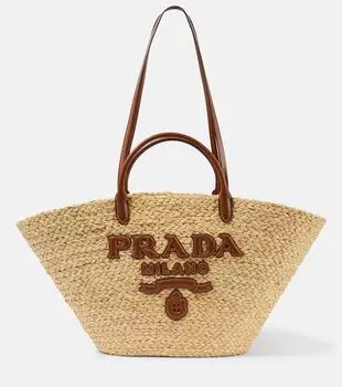 Сумка-корзина из рафии с кожаными вставками и логотипом Prada, Naturale+Cognac
