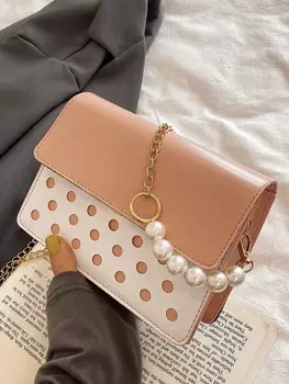 Сумка квадратная с полой цепочкой, розовый / белый