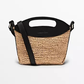 Сумка Massimo Dutti Raffia Mini Crossbody With Leather Strap, бежевый