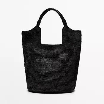 Сумка Massimo Dutti Raffia Tote With Leather Strap, черный