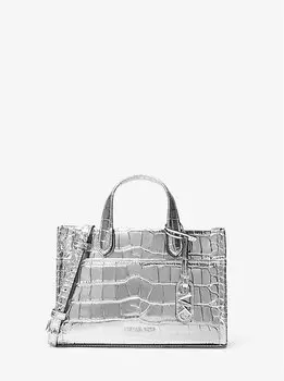 Сумка-мессенджер Gigi Small из металлизированной кожи с тиснением под крокодила Michael Kors, серебряный