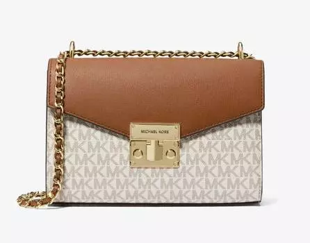 Сумка Michael Michael Kors Rose Medium Logo and Faux Leather Shoulder, кремовый/коричневый