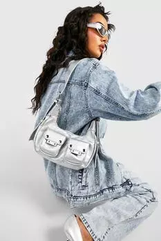 Сумка на плече с двойным карманом и заклепками Boohoo, серебряный