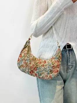 Сумка на плечо с жемчужной цепочкой, бежевый / коричневый