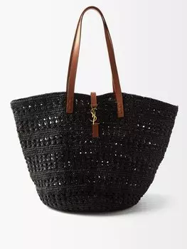 Сумка panier ysl из кожи и рафии, связанная крючком Saint Laurent, черный
