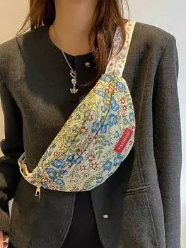 Сумка поясная с цветочным узором, белый / зеленый / синий