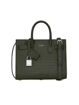 Сумка Sac De Jour Nano с верхней ручкой из блестящей кожи с тиснением под крокодила Saint Laurent, зеленый