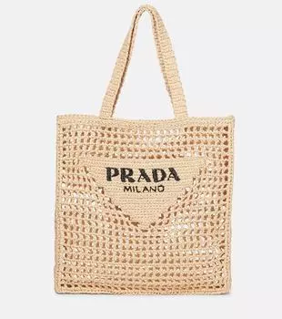 Сумка-шопер из рафии с маленьким логотипом Prada, Naturale