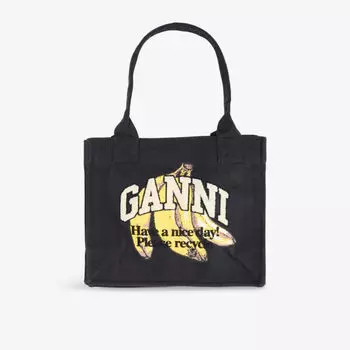 Сумка-шоппер Ganni с принтом "банан" большая хлопковая, черный