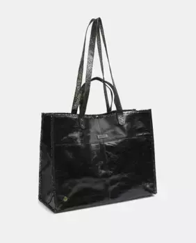 Сумка-шоппер из черной кожи металлик Pieces, черный