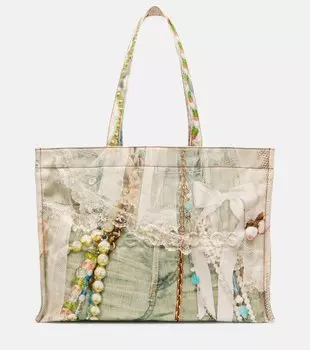 Сумка-шоппер из холста с логотипом trompe l'oeil Acne Studios, White/Green