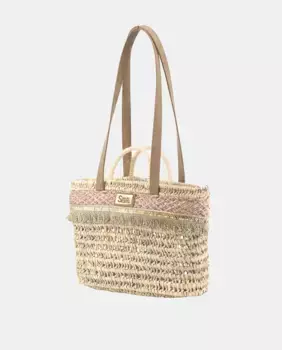 Сумка-шоппер из натуральной пальмовой пряжи в сочетании с бахромой и рафией Sim Sastre, розовый