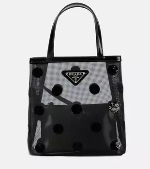 Сумка-шоппер из сетки с кожаными деталями Prada, черный