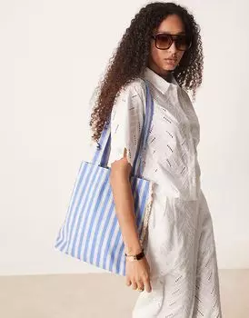 Сумка-шоппер My Accessories в полоску с кружевной отделкой синего цвета