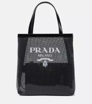 Сумка-шоппер с логотипом из пайеток Prada, черный