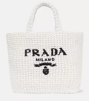 Сумка-шоппер с маленьким лого, вязаная крючком Prada, белый