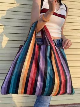 Сумка-шоппер в полоску с цветными блоками, многоцветный