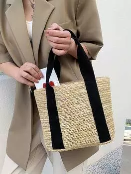 Сумка соломенная с цветными блоками, бежевый