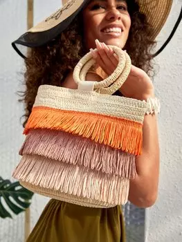 Сумка соломенная Shein SXY с цветными блоками и бахромой, бежевый