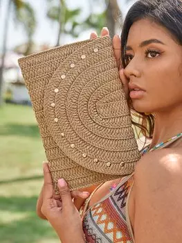 Сумка соломенная Shein Vcay с декором из заклепок, хаки