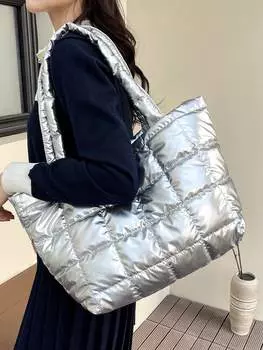 Сумка стеганая большая, серебряный