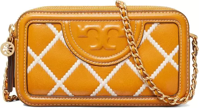 Сумка Tory Burch Fleming Pop Quilt Double-Zip Mini Bag, цвет Dark Cannoli