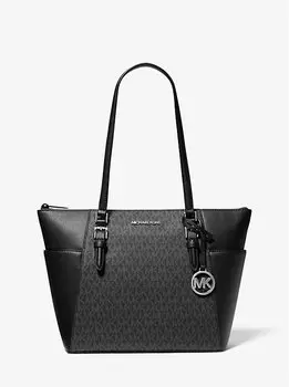 Сумка-Тоут Charlotte с большим логотипом и кожаной застежкой-молнией сТопу Michael Kors, черный