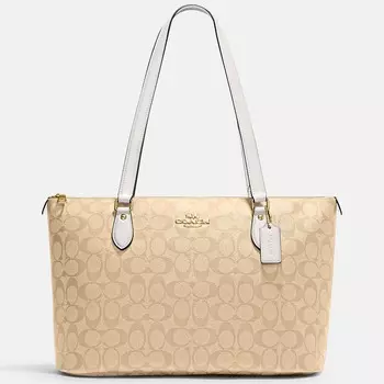Сумка-тоут Coach Outlet Gallery In Signature Canvas, светлый хаки/светло-кремовый