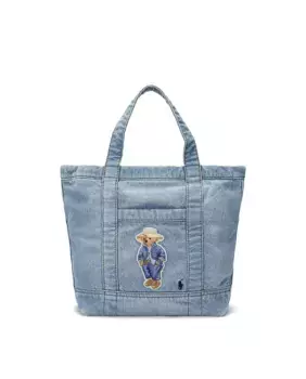 Сумка-тоут из денима и хлопка с изображением медведя поло Polo Ralph Lauren, голубой