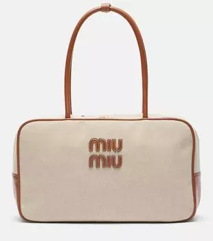 Сумка-тоут из холста с кожаной отделкой Beau Miu Miu, Naturale+Brandy