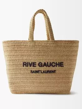 Сумка-тоут из рафии rive gauche с вышитым логотипом Saint Laurent, бежевый