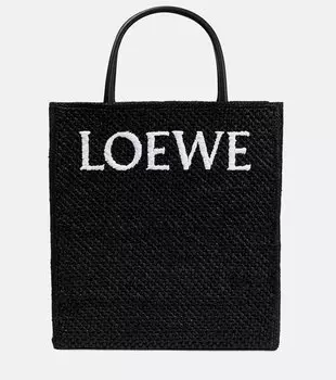 Сумка-тоут из рафии с кожаной отделкой и логотипом Loewe, черный