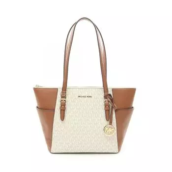 Сумка-тоут Michael Kors из кожи с покрытием Canvas, коричневый/белый