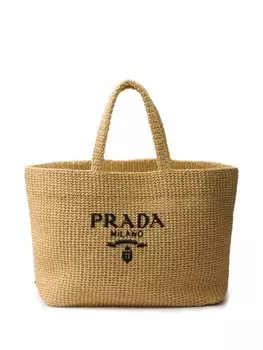 Сумка-тоут Prada с вышитым крючком логотипом, бежевый