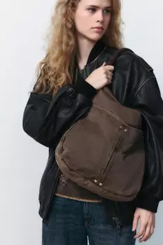 Сумка-тоут с потертостной декоративной машиной ZARA, коричневый