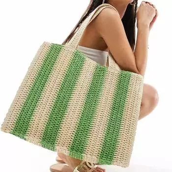 Сумка-тоут South Beach Woven Straw Stripe, зеленый/бежевый