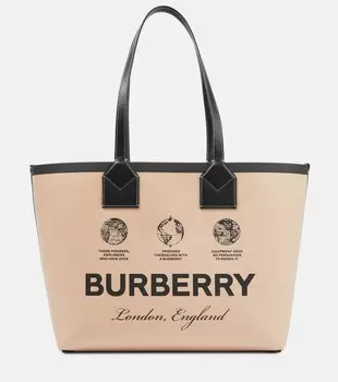 Сумка-тоут среднего размера из холщовой ткани с кожаной отделкой Burberry, мультиколор