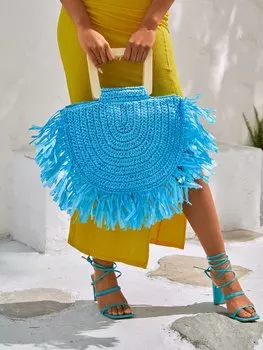 Сумка-тоут тканая Shein Vcay с кисточками, синий