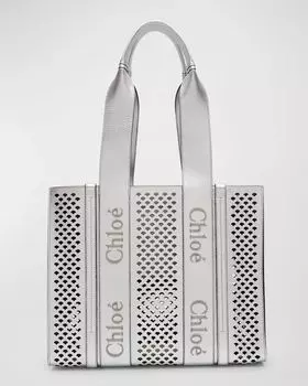Сумка-тоут Woody среднего размера из коллаборации с High Summer из перфорированной кожи цвета металлик Chlo, цвет Silver