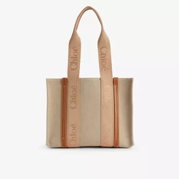 Сумка-тоут woody среднего размера из жаккардовой парусины с логотипом Chlo, цвет soft tan