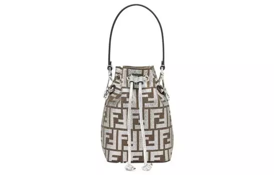 Сумка-ведро Mon Tresor из смеси вискозы и шелка тутового дерева, сумка через плечо, женская, небольшого размера, серебристого цвета FENDI