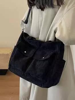 Сумка вельветовая большая с карманами, черный