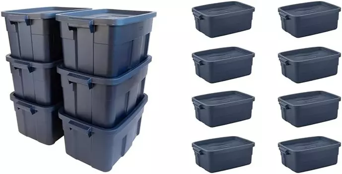 Сумки для хранения Rubbermaid Roughneck, 14 галлонов, прочные штабелируемые контейнеры для хранения и сумка для хранения Roughneck, 10 галлонов, темно-индиго-металлик, упаковка из 8 шт., прочные, многоразовые, Dark Indigo Metallic