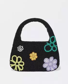 Сумочка черного цвета с бусинами в виде цветов и магнитной застежкой Parfois, черный