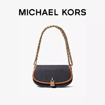 Сумочка джинсовая маленькая Michael Kors Mila с цепочкой, темно-синий / коричневый