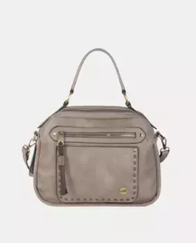 Сумочка из полиуретана темно-серого цвета с полированными золотыми молниями и заклепками Volum, цвет Topo