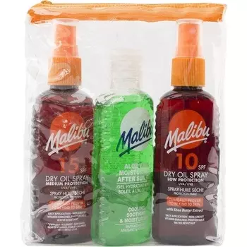 Sun Travel Essentials Сухие масляные спреи и успокаивающий гель после загара с алоэ вера, средней защиты, водостойкий, SPF 10 и 15, 3 x 100 мл — упаковка из 3 шт., Malibu