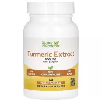 Super Nutrition, экстракт куркумы с Bioperine, 800 мг, 60 растительных капсул