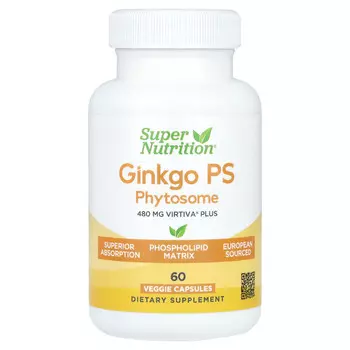 Super Nutrition, Ginkgo PS Phytosome, фитосомы гинкго с ФС, 480 мг, 60 растительных капсул